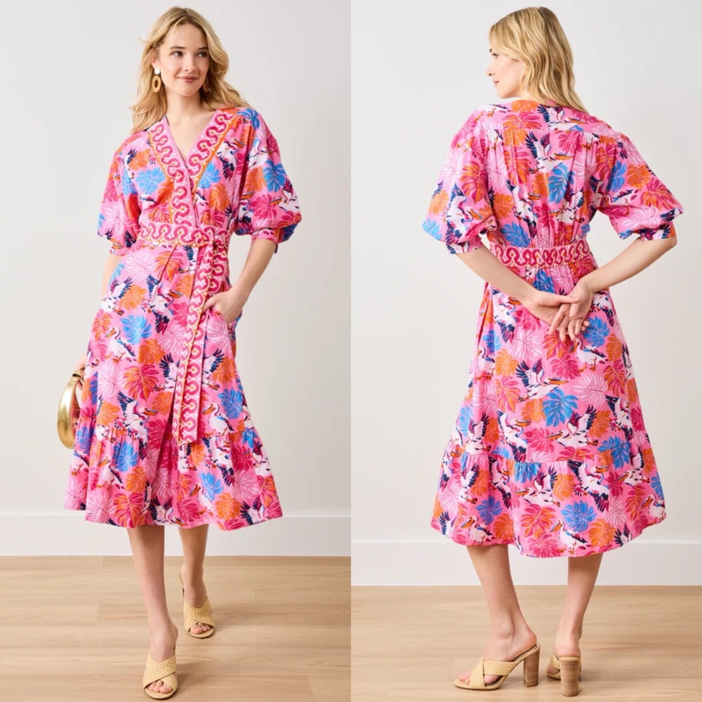 Printfresh Gabriela Midi Dress in Pelican Palms Pink Blue Wrap Style Large - Picture 2 of 16
